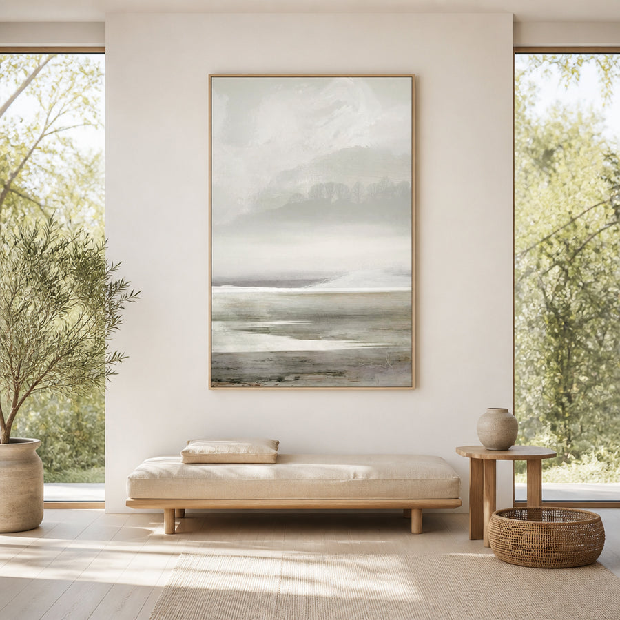 Foggy Lakeside Tranquility Art Print in a room setting