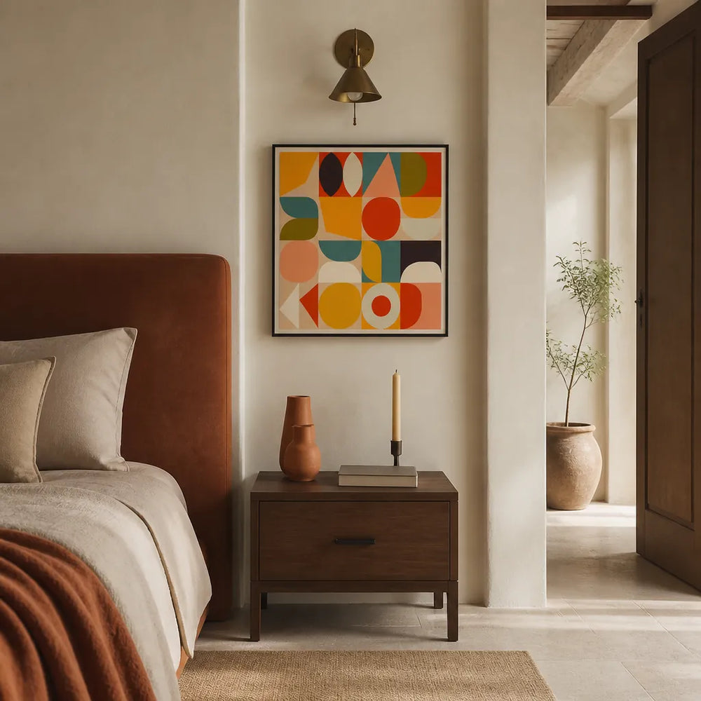 Room mockup featuring Bauhaus Modern Shapes Geometric Circles And Curves Grid Art Print