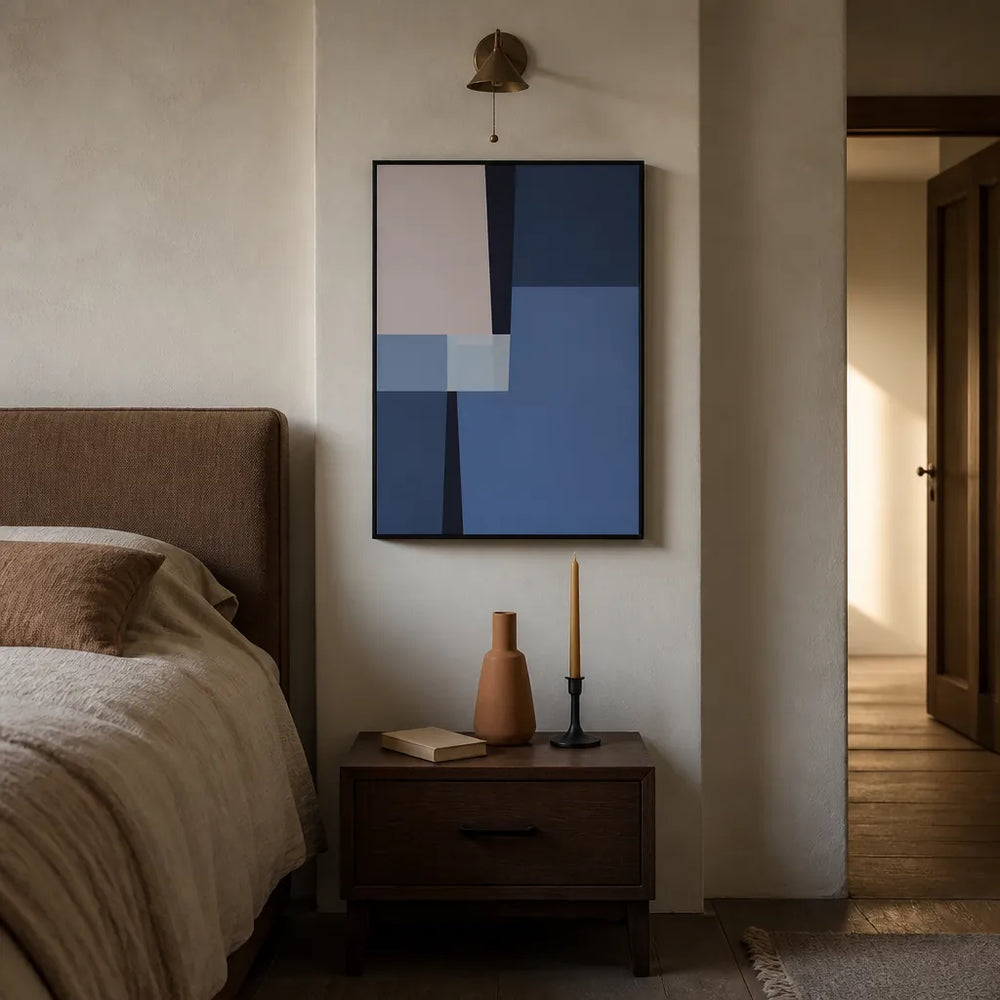 Room mockup featuring Blue Geometric Horizons Art Print