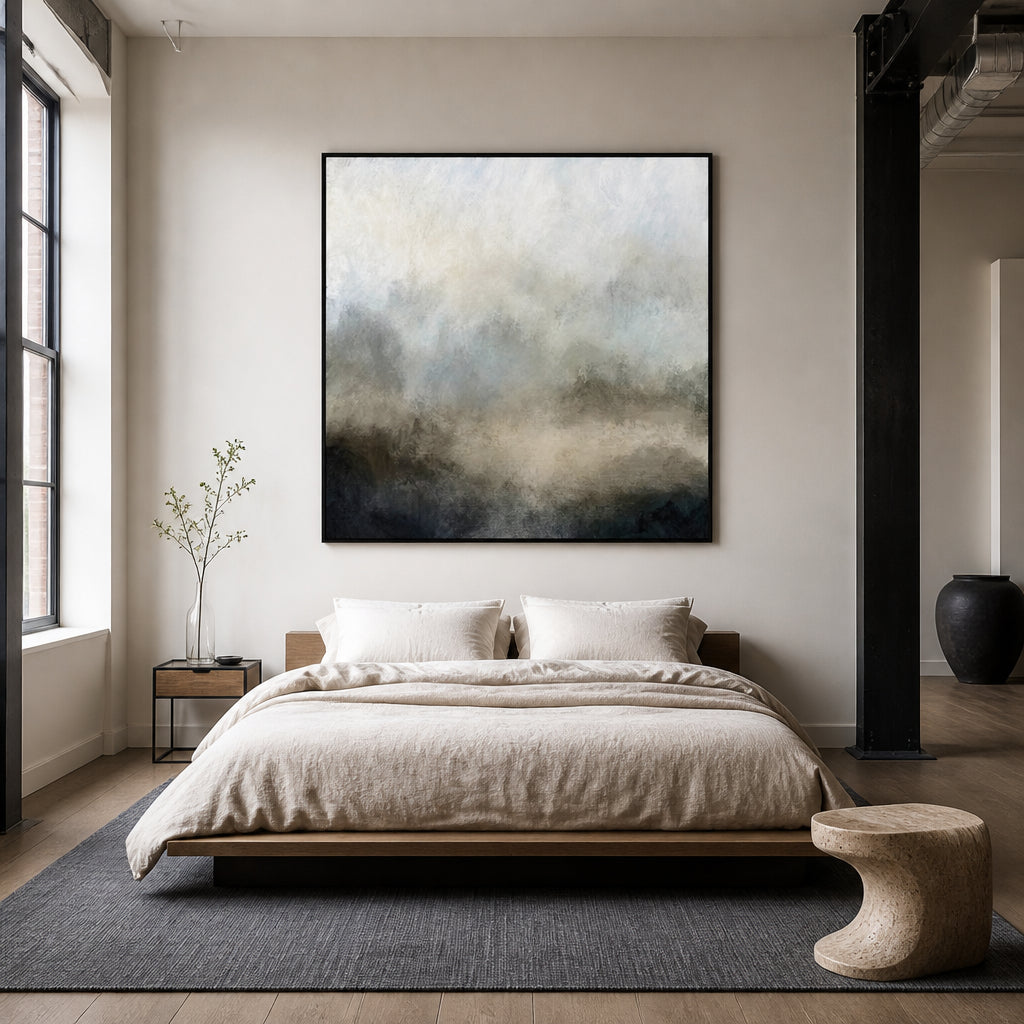 Room mockup featuring Misty Lake Serenity Art Print