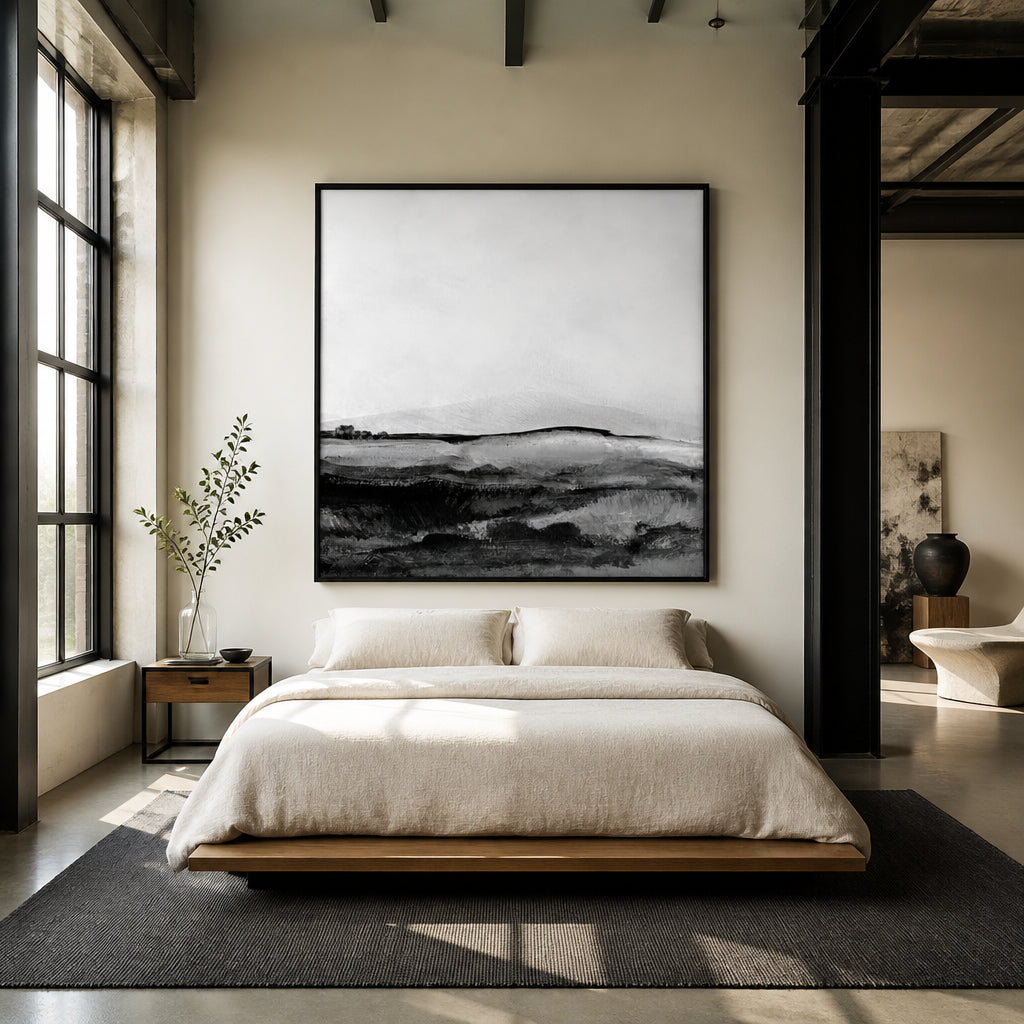 Room mockup featuring Monochrome Hillside Calm Art Print