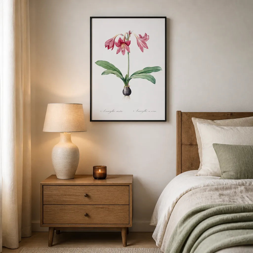 Room mockup featuring Netted-veined Amaryllis Illustration by Pierre-Joseph Redouté Art Print