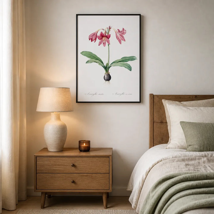 Room mockup featuring Netted-veined Amaryllis Illustration by Pierre-Joseph Redouté Art Print