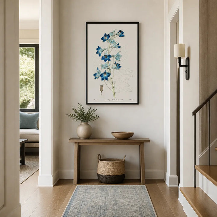 Room mockup featuring Shewy Delphinium by Sydenham Edwards Art Print