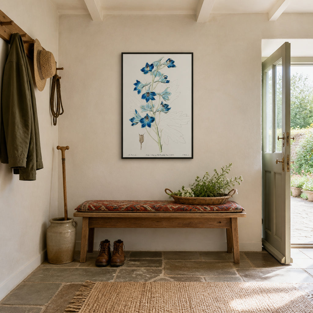 Room mockup featuring Shewy Delphinium by Sydenham Edwards Art Print