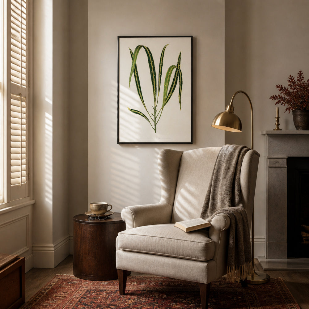 Room mockup featuring Croton Variegatum Angustifolium Leaf Illustration Art Print
