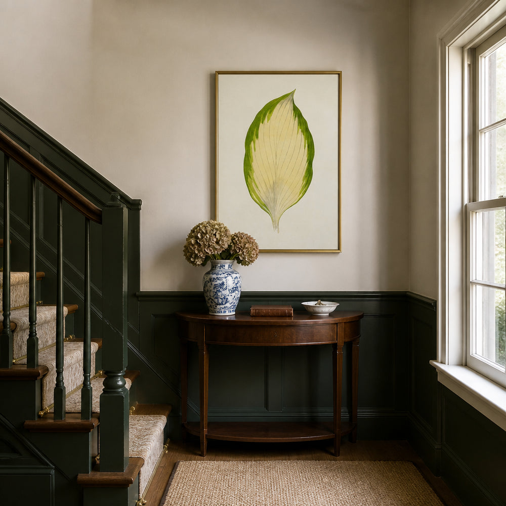 Room mockup featuring Funkia Sieboldiana Variegata Leaf Illustration Art Print