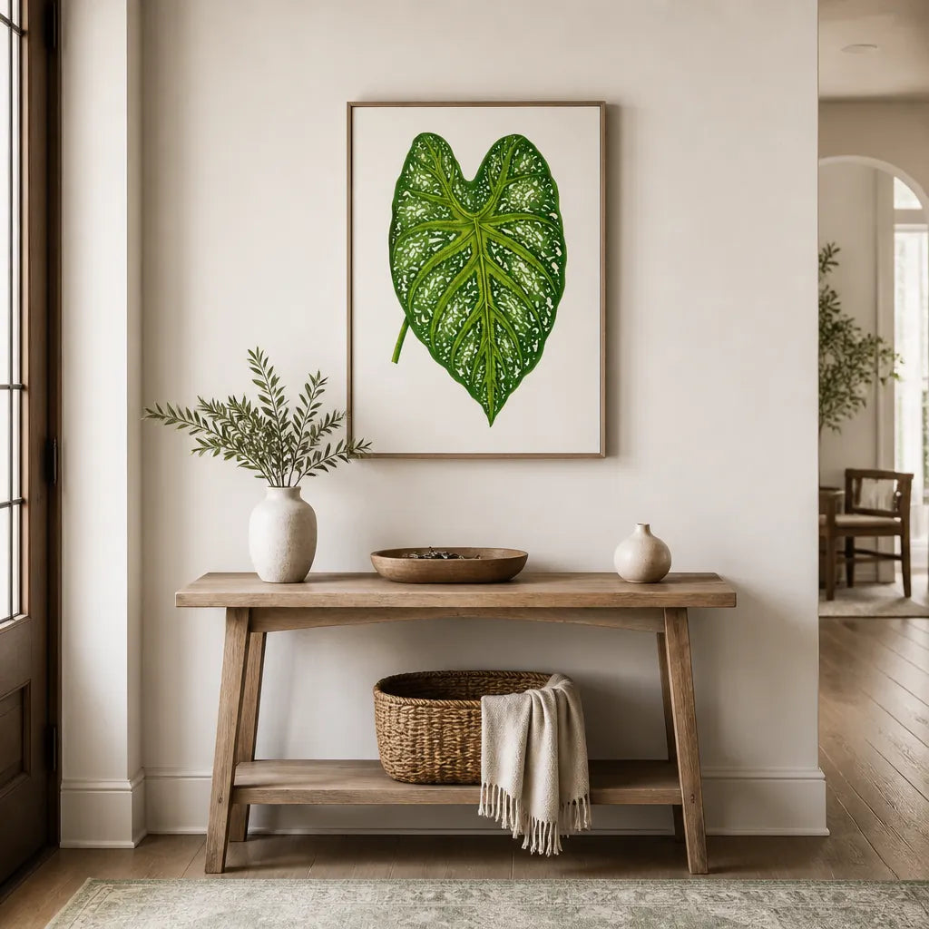 Room mockup featuring Green Caladium Mirabile Leaf Illustration Art Print