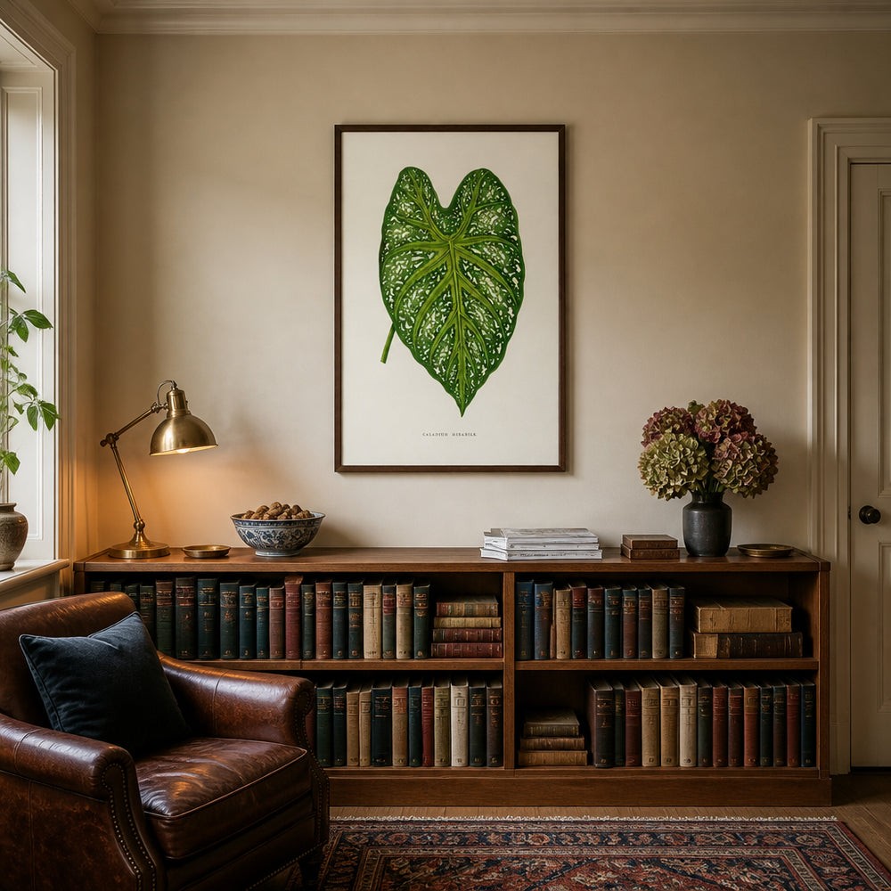 Room mockup featuring Green Caladium Mirabile Leaf Illustration Art Print