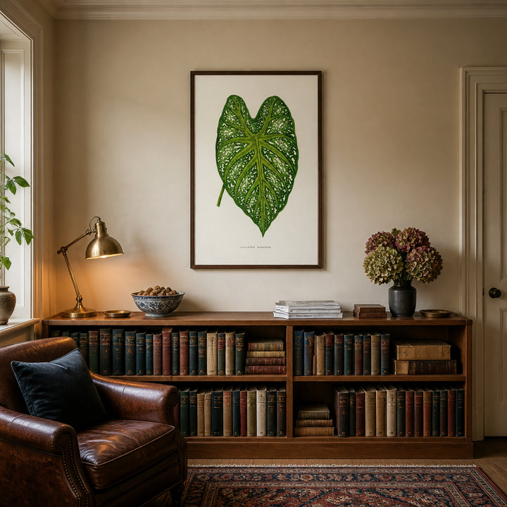 Room mockup featuring Green Caladium Mirabile Leaf Illustration Art Print