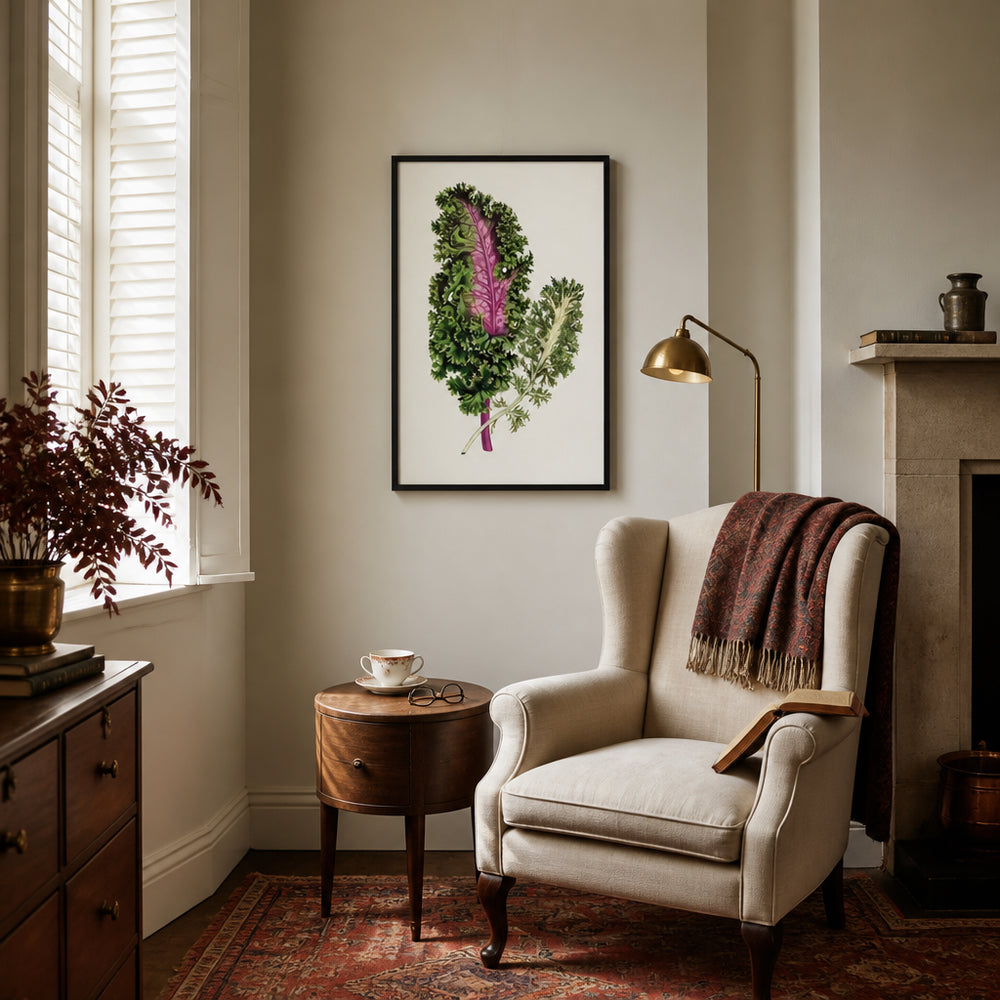 Room mockup featuring Green Wild Cabbage Leaf Illustration Art Print