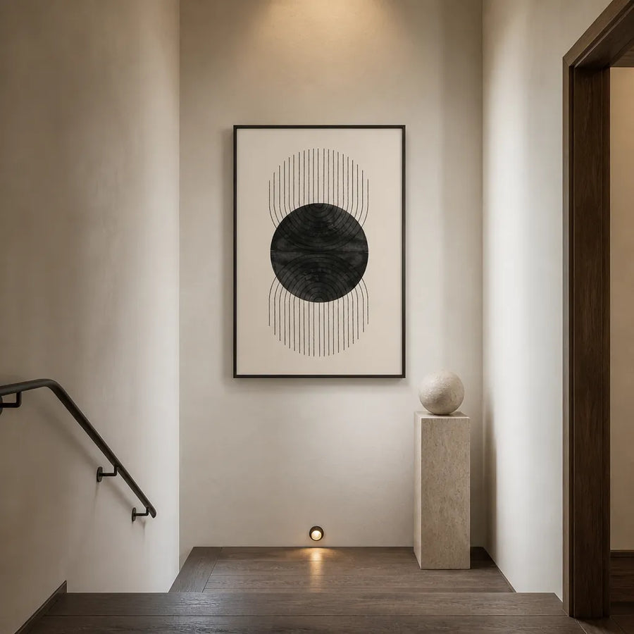 Black Sphere Lines Art Print in a room setting