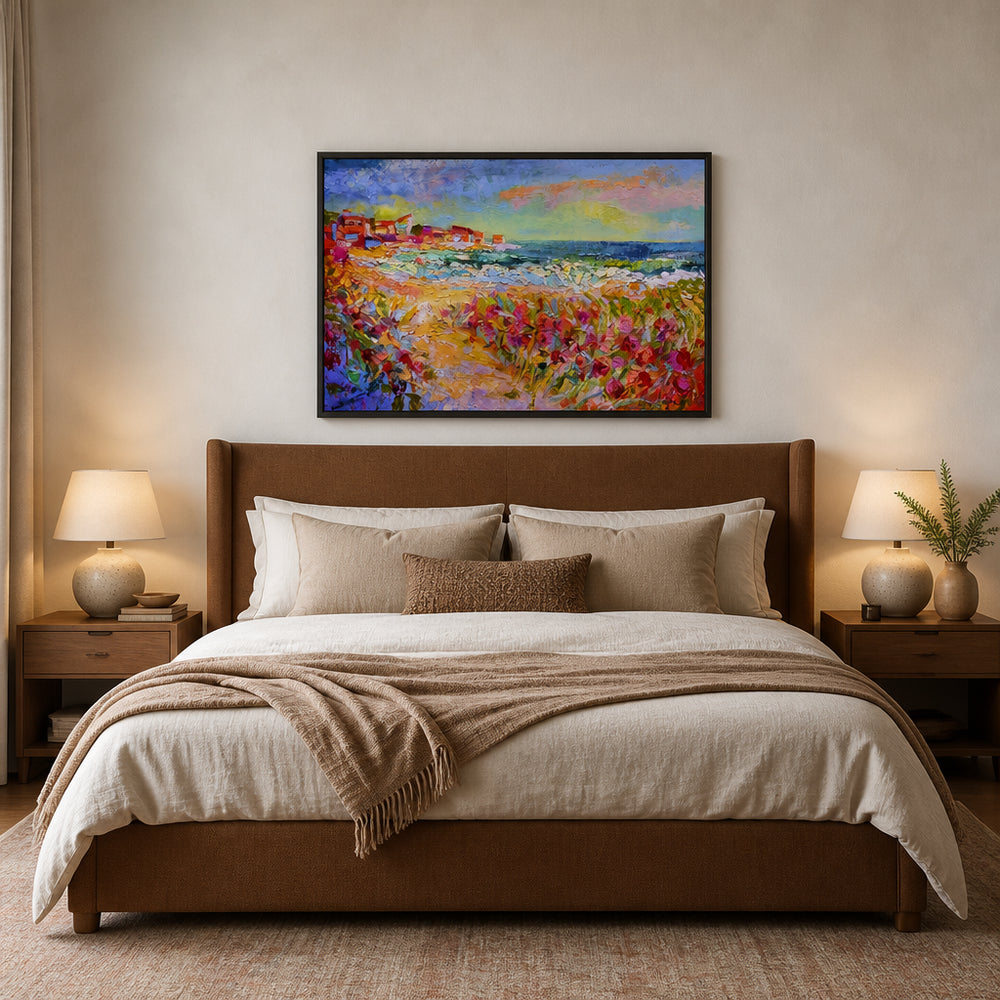 Room mockup featuring Walking Wild Rose Beach Art Print