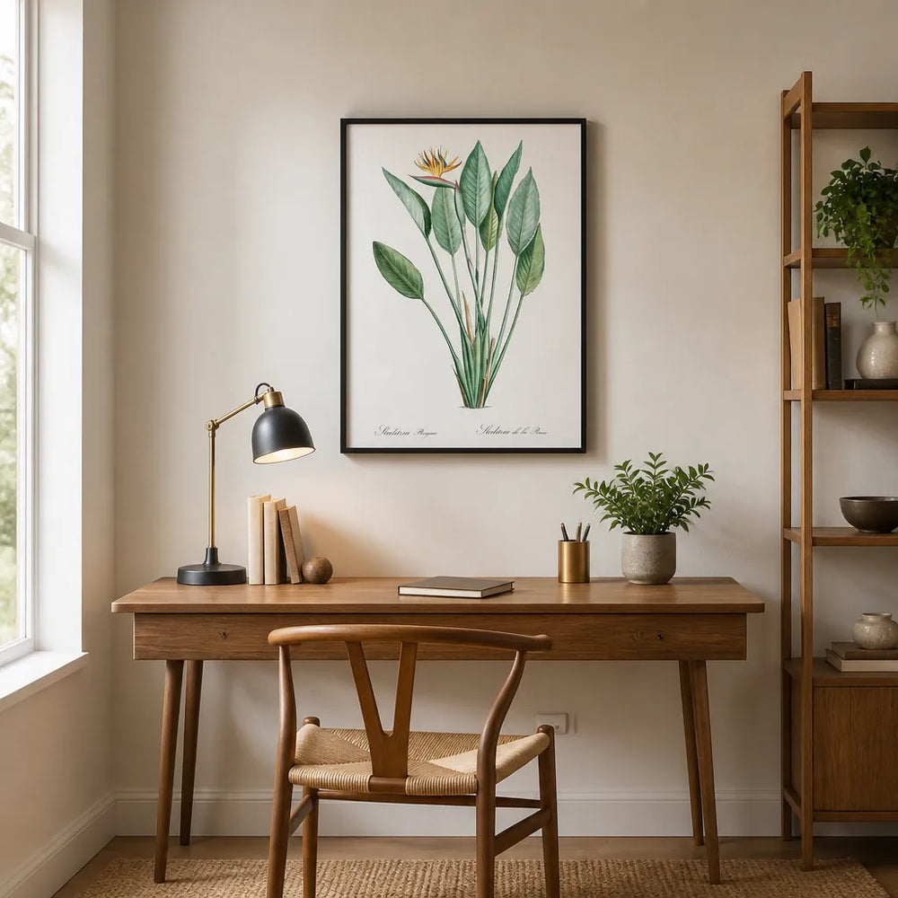 Room mockup featuring Bird of Paradise by Pierre-Joseph Redouté Golden Bloom Above Striped Foliage Art Print