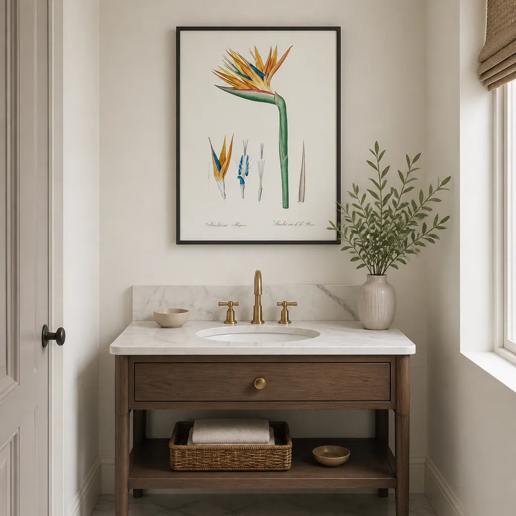 Room mockup featuring Bird of Paradise by Pierre-Joseph Redouté Orange Crested Bloom With Botanical Details Art Print