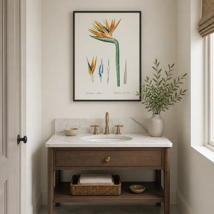 Room mockup featuring Bird of Paradise by Pierre-Joseph Redouté Orange Crested Bloom With Botanical Details Art Print