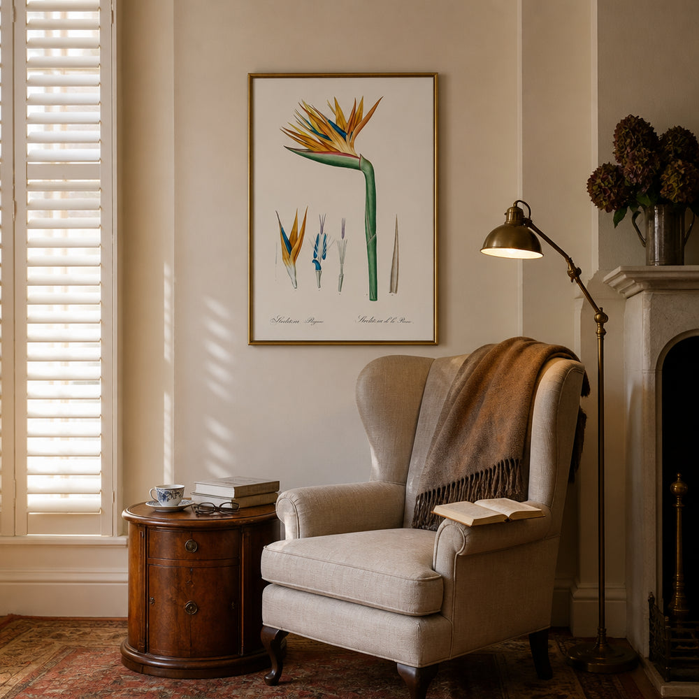 Room mockup featuring Bird of Paradise by Pierre-Joseph Redouté Orange Crested Bloom With Botanical Details Art Print