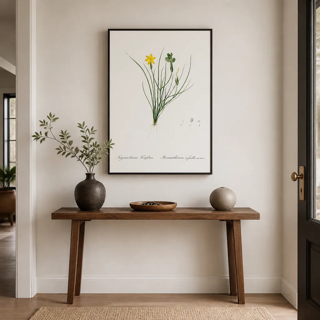 Room mockup featuring Golden Blue-eyed Grass by Pierre Joseph Redouté Art Print