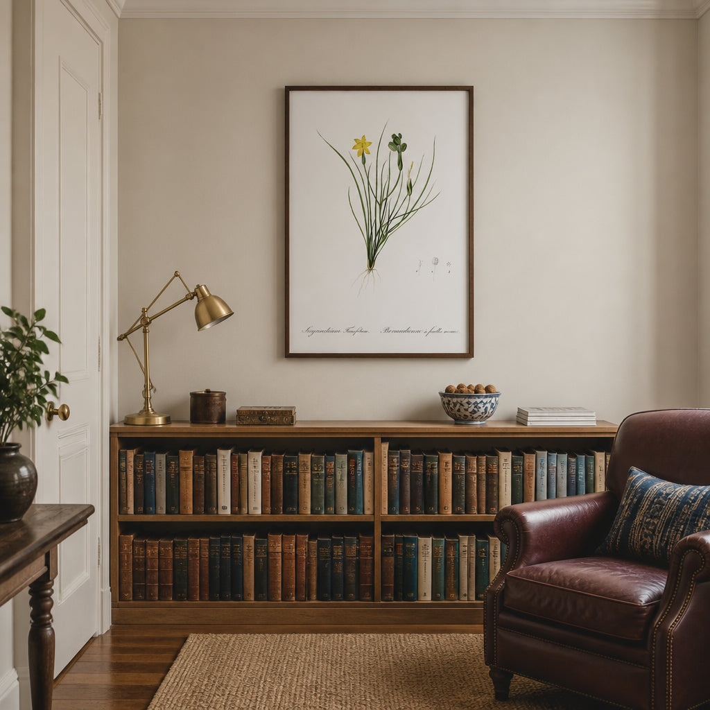 Room mockup featuring Golden Blue-eyed Grass by Pierre Joseph Redouté Art Print