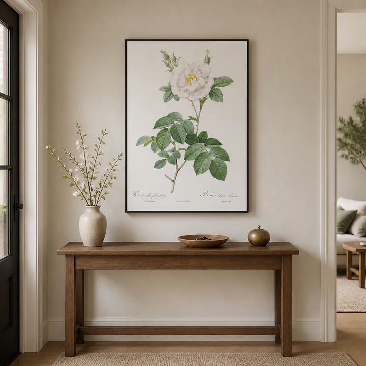 Room mockup featuring Ordinary White Rose by Pierre-Joseph Redouté Art Print