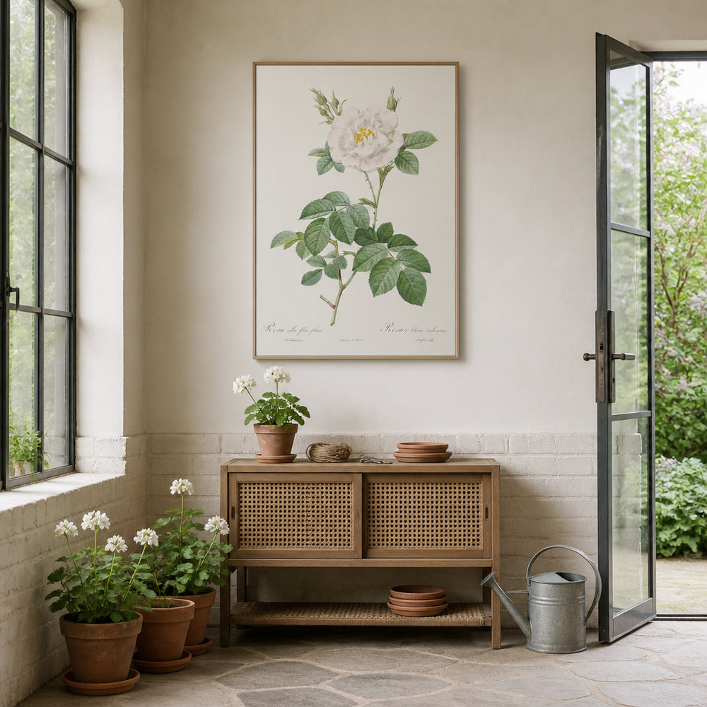 Room mockup featuring Ordinary White Rose by Pierre-Joseph Redouté Art Print