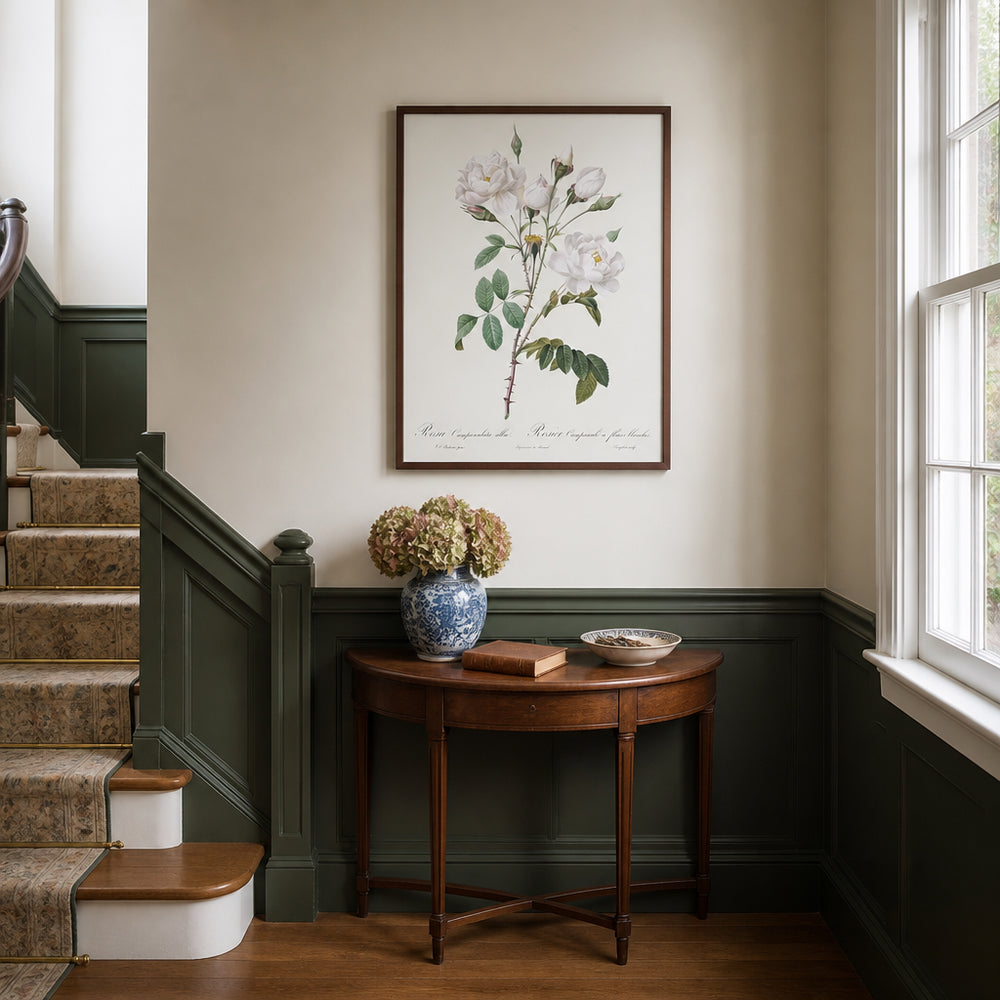 Room mockup featuring Rosa Campanulata Alba by Pierre-Joseph Art Print