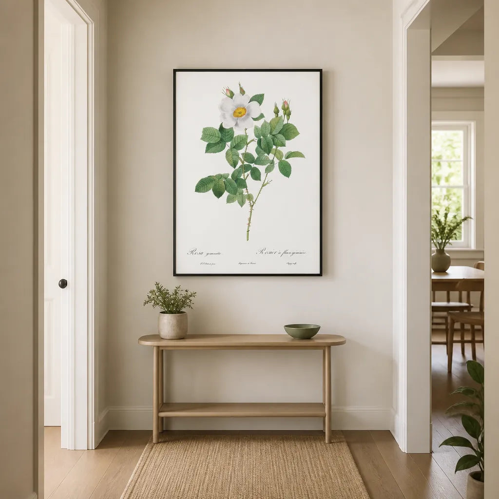 Room mockup featuring Twin-Flowered White Rose Art Print
