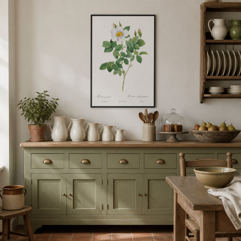 Room mockup featuring Twin-Flowered White Rose Art Print