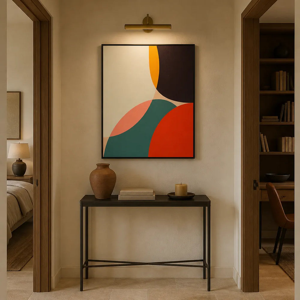 Room mockup featuring Bauhaus Modern Shapes Curved Forms in Teal, Coral, Orange Art Print