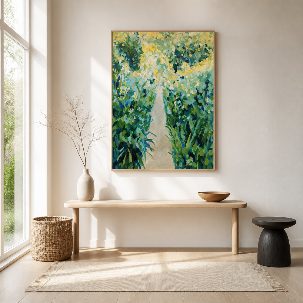 Room mockup featuring Walking The Garden Path Art Print