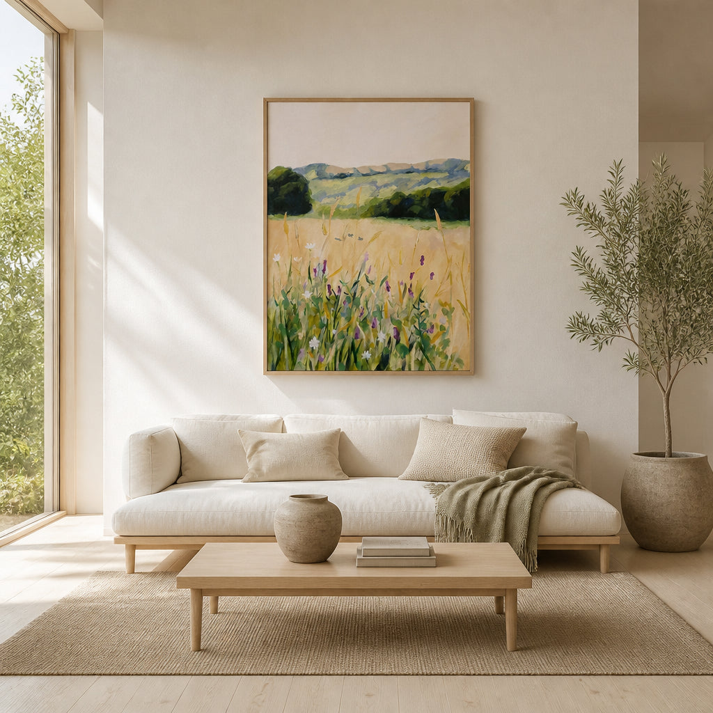 Summer Meadow Serenity Art Print shown in a styled room