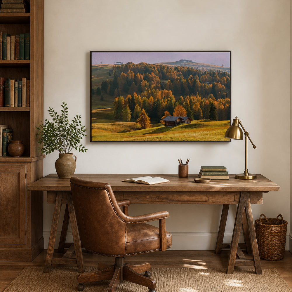Room mockup featuring Autumn Cabin Serenity Photo Print