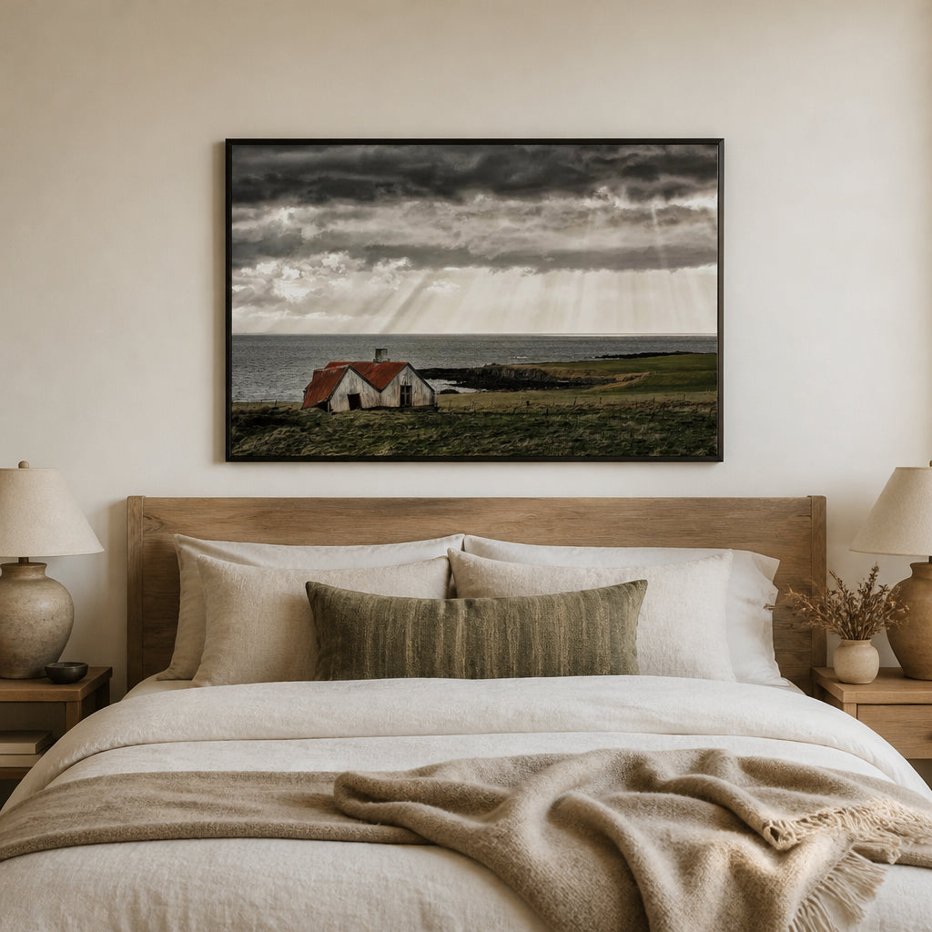 Sunbeams On Cottage Photo Print shown in a styled room