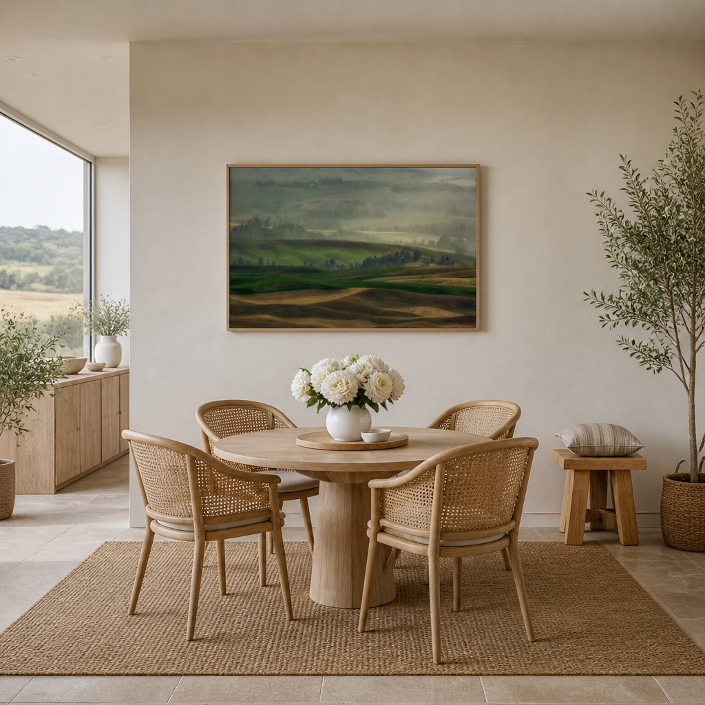 Misty Morning Hills Photo Print shown in a styled room