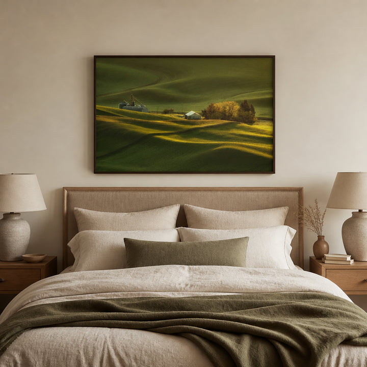 Room mockup featuring Sunlit Palouse Hills Photo Print