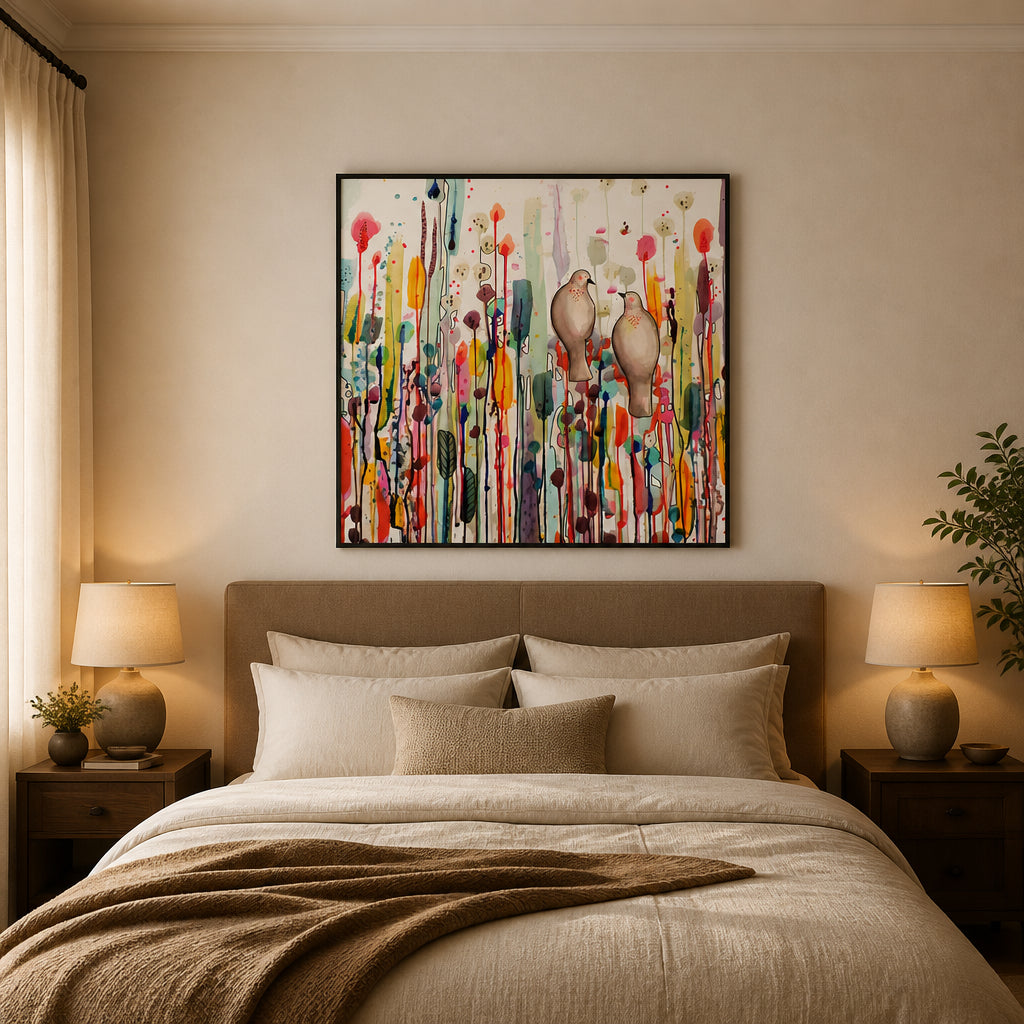 Room mockup featuring L'un Pour L'autre Birds Chatting Art Print