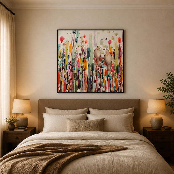 Room mockup featuring L'un Pour L'autre Birds Chatting Art Print