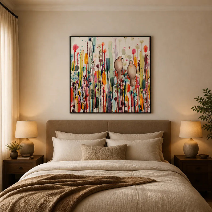 L'un Pour L'autre Birds Chatting Art Print in a room setting