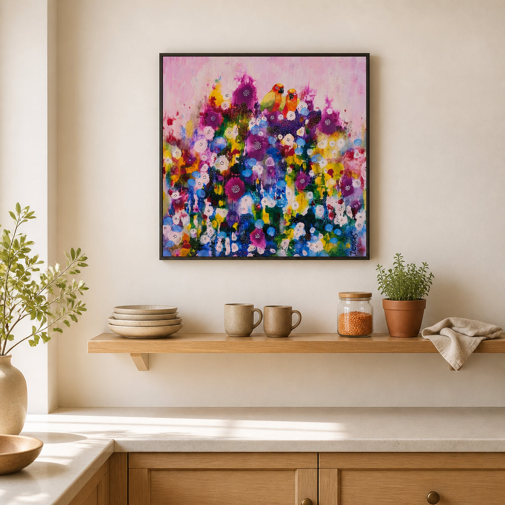Room mockup featuring Parrots Amid Blooms Art Print