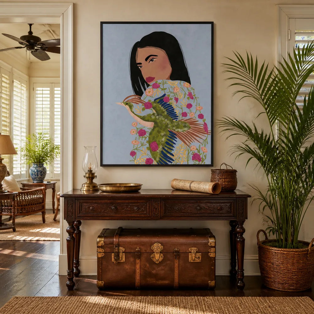Room mockup featuring Girl Holding Crane Art Print