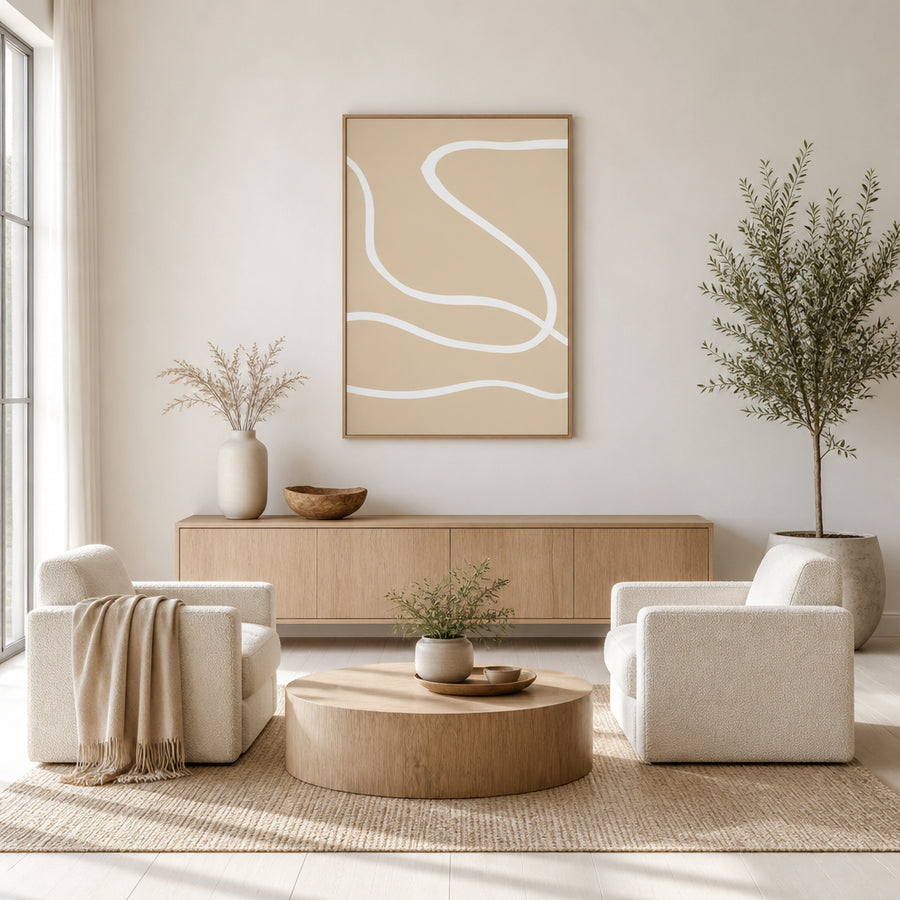 Beige Flowing Lines Art Print in a room setting