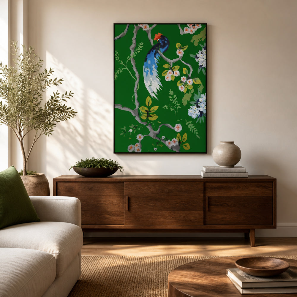 Room mockup featuring Bird Perched Blossoms Art Print