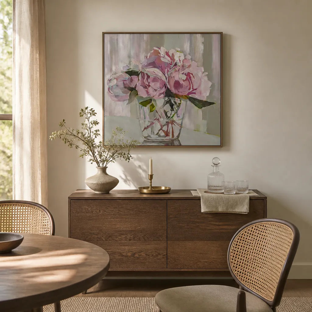Peonies In Glass Art Print shown in a styled room