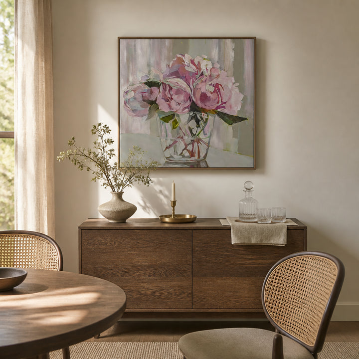 Room mockup featuring Peonies In Glass Art Print