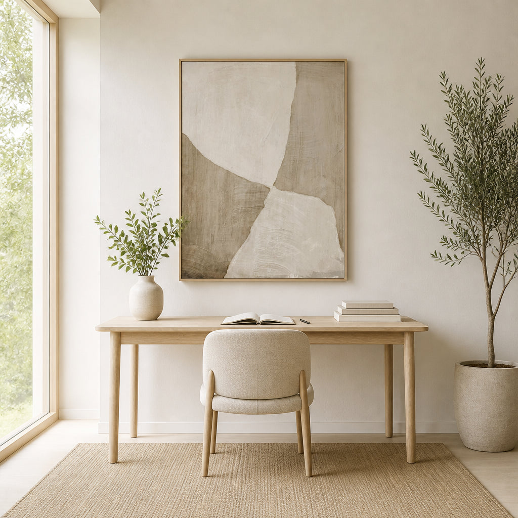 Abstract Glide Shapes Art Print shown in a styled room