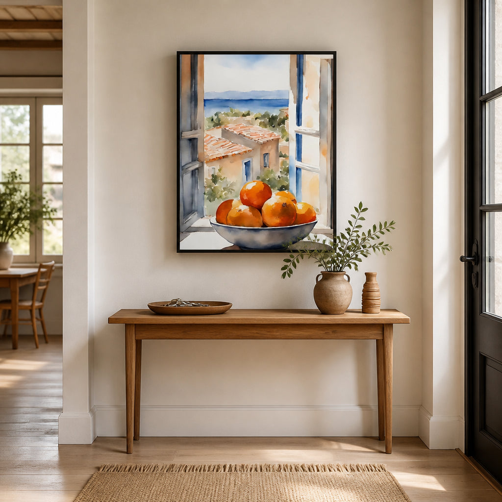 Oranges In Window Art Print shown in a styled room