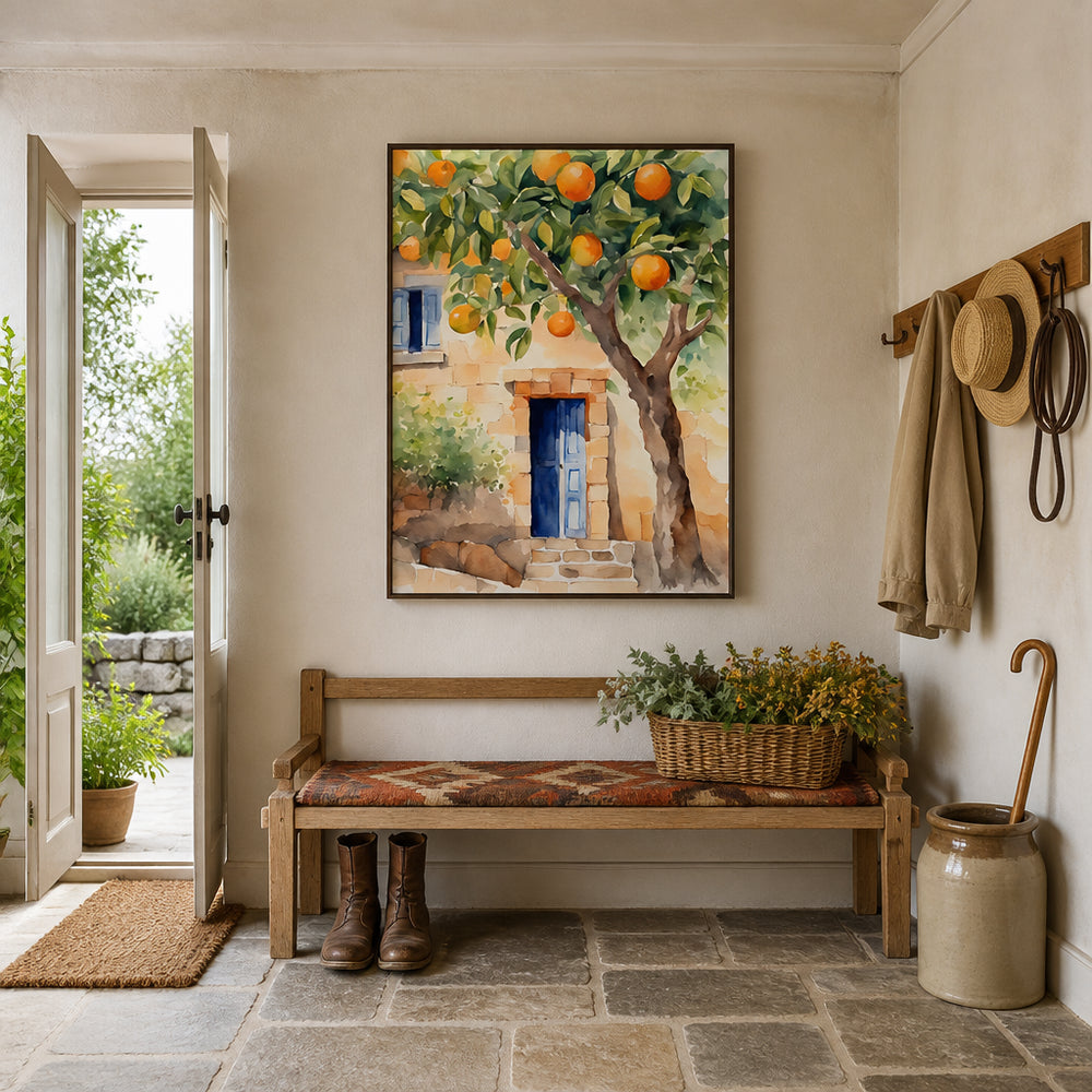 Room mockup featuring Orange Tree By Door Art Print