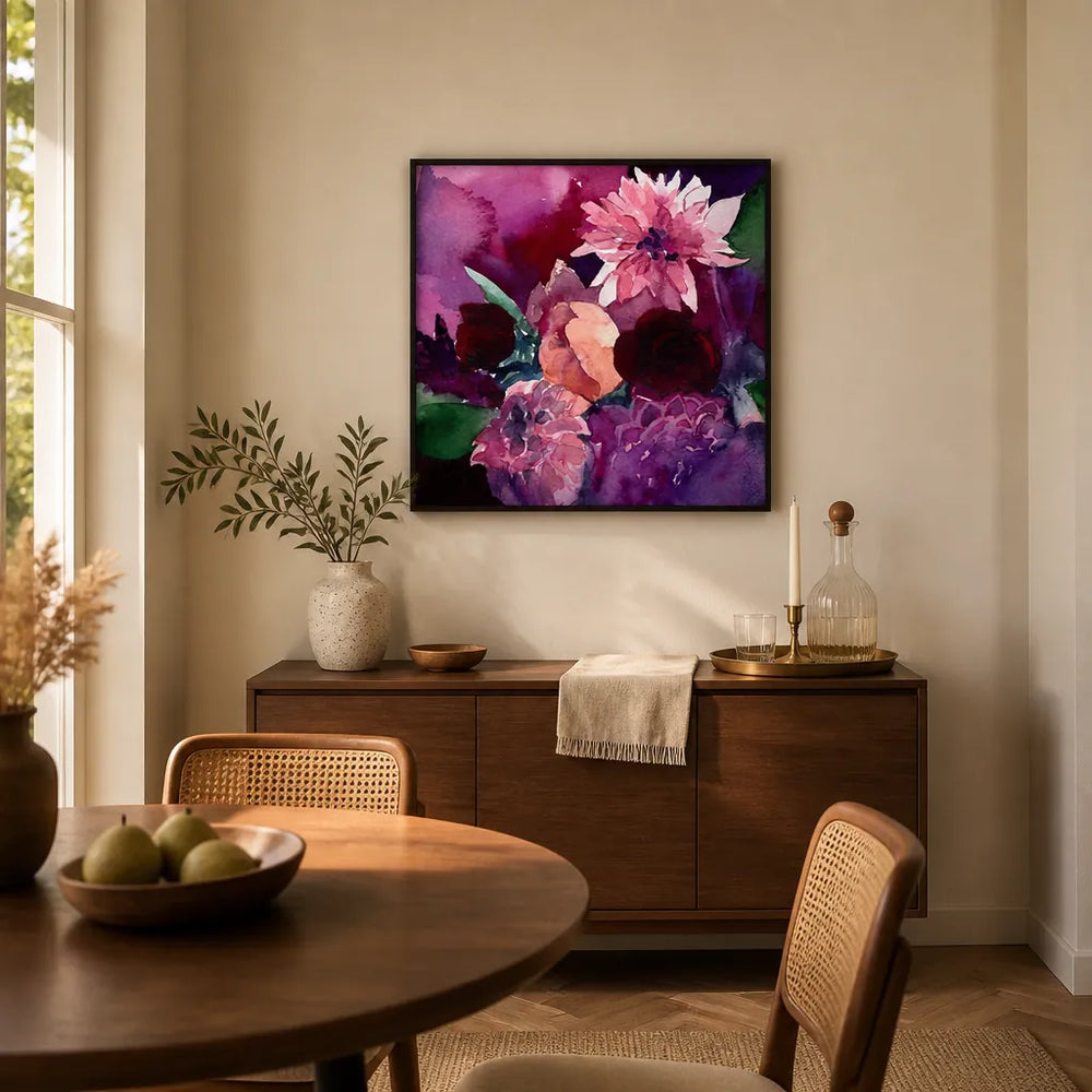 Room mockup featuring Blooming Dahlias Harmony Art Print