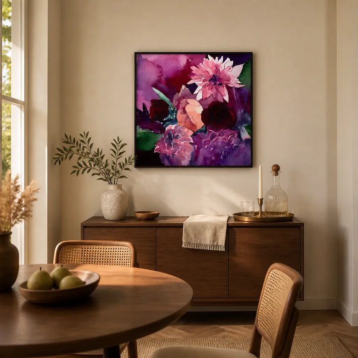 Room mockup featuring Blooming Dahlias Harmony Art Print