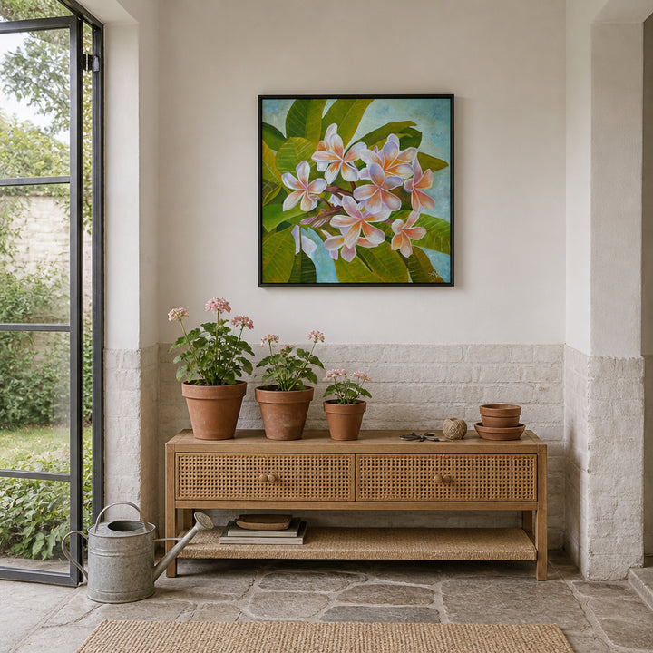 Room mockup featuring Plumeria In Bloom Art Print